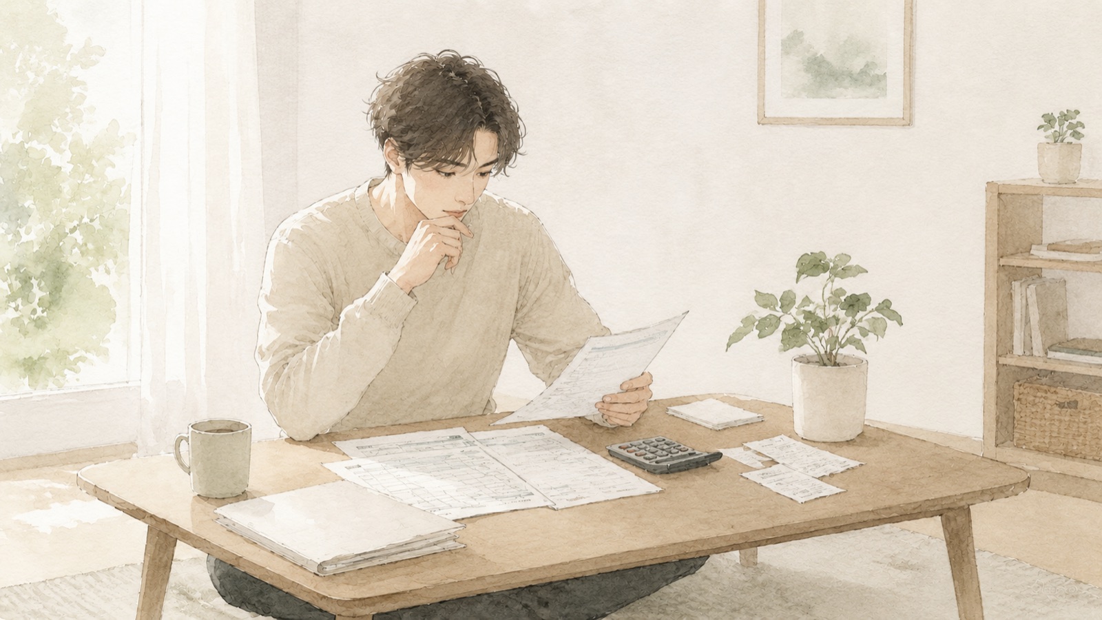 確定申告の書類と電卓に向き合う水彩イラスト