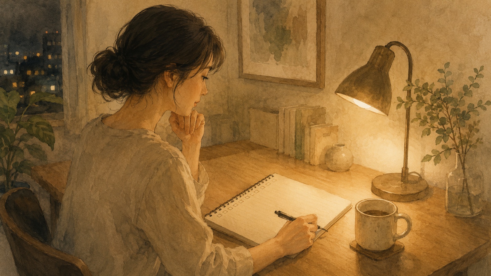 夜、静かな部屋でFXと向き合う水彩イラスト